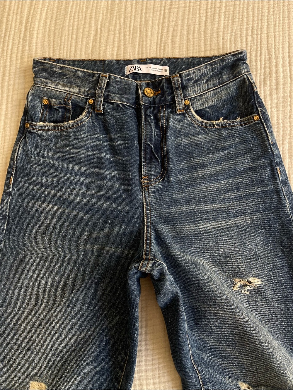 Zara Dark Blue High Waist Distressed Denim Straight Leg Jeans